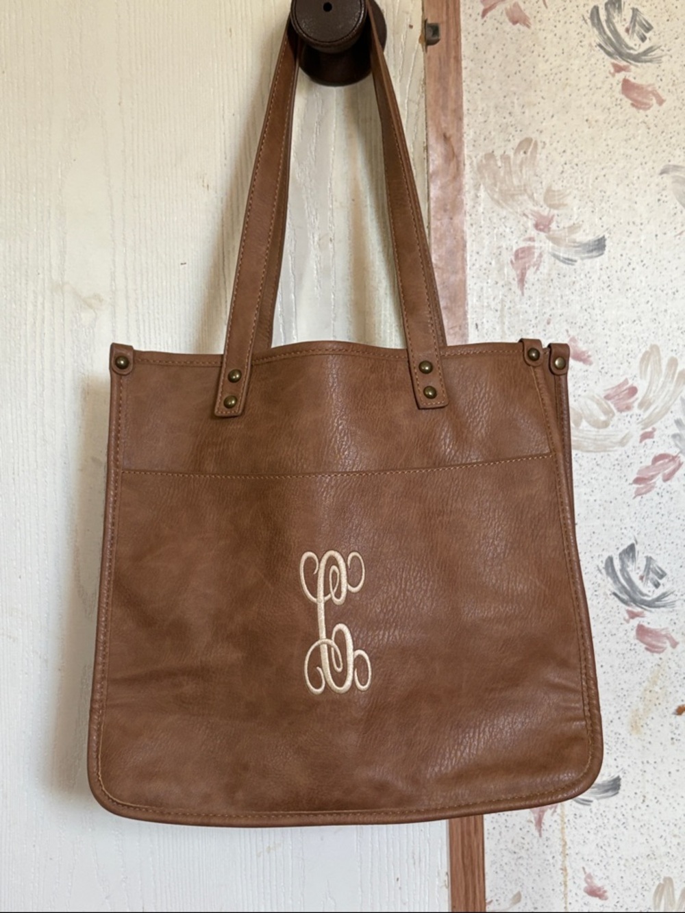 Monogram Embroidered Brown Tote Bag - Women's Everyday Shoulder Tote